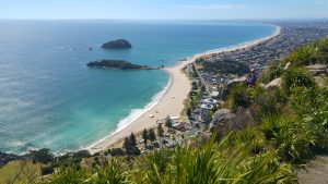 An aerial view from the top of Mauao Mount Maunganui. There is blue green ocean on the right and a white sand beach, with roads and buildings on the right, looking south down Mt Maunganui beach and town.